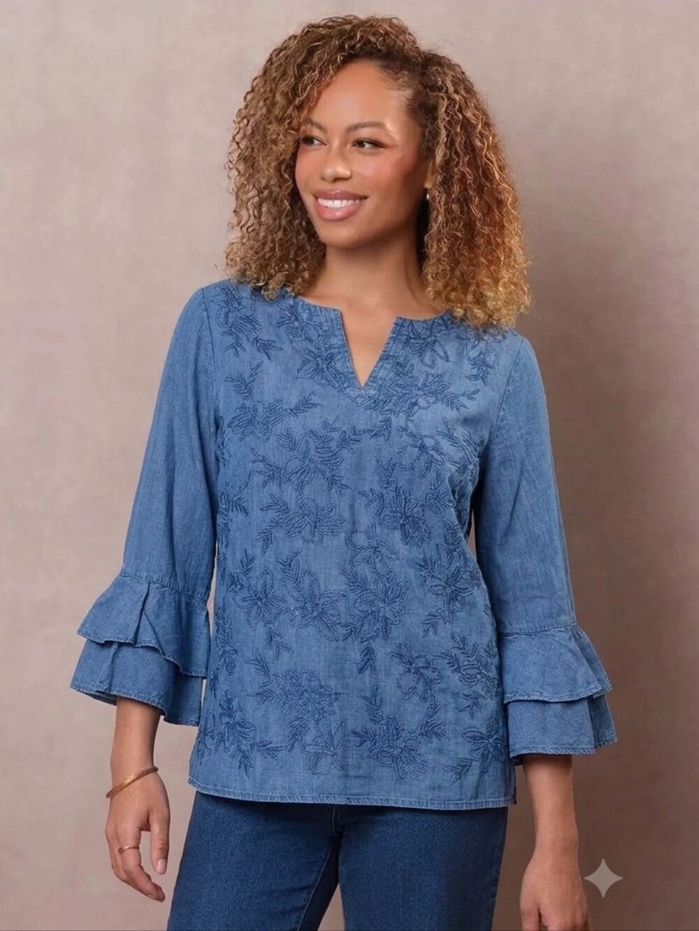 Chico's Blue Embroidered Chambray Relaxed Boho Women Peasant Festival Top M